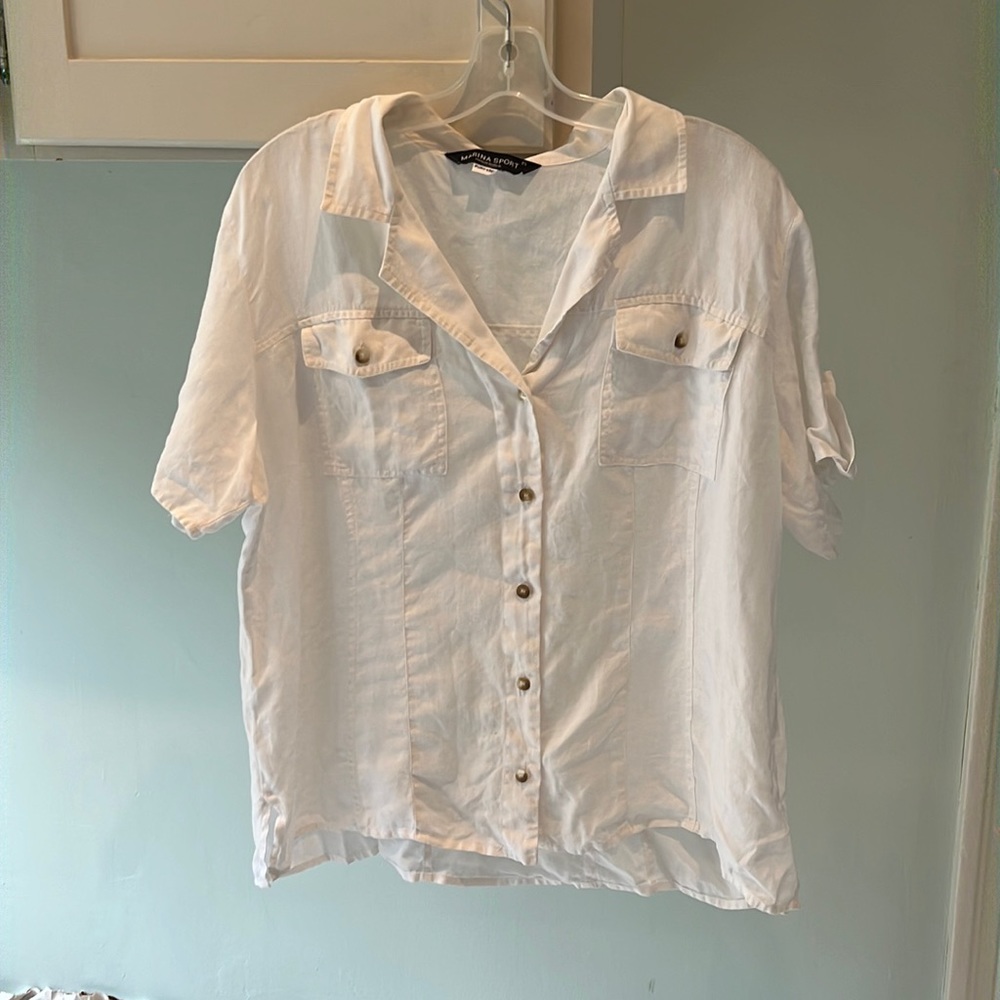 Marina Ronaldo Sport Pure Linen Short Sleeve White Shirt with Button Details